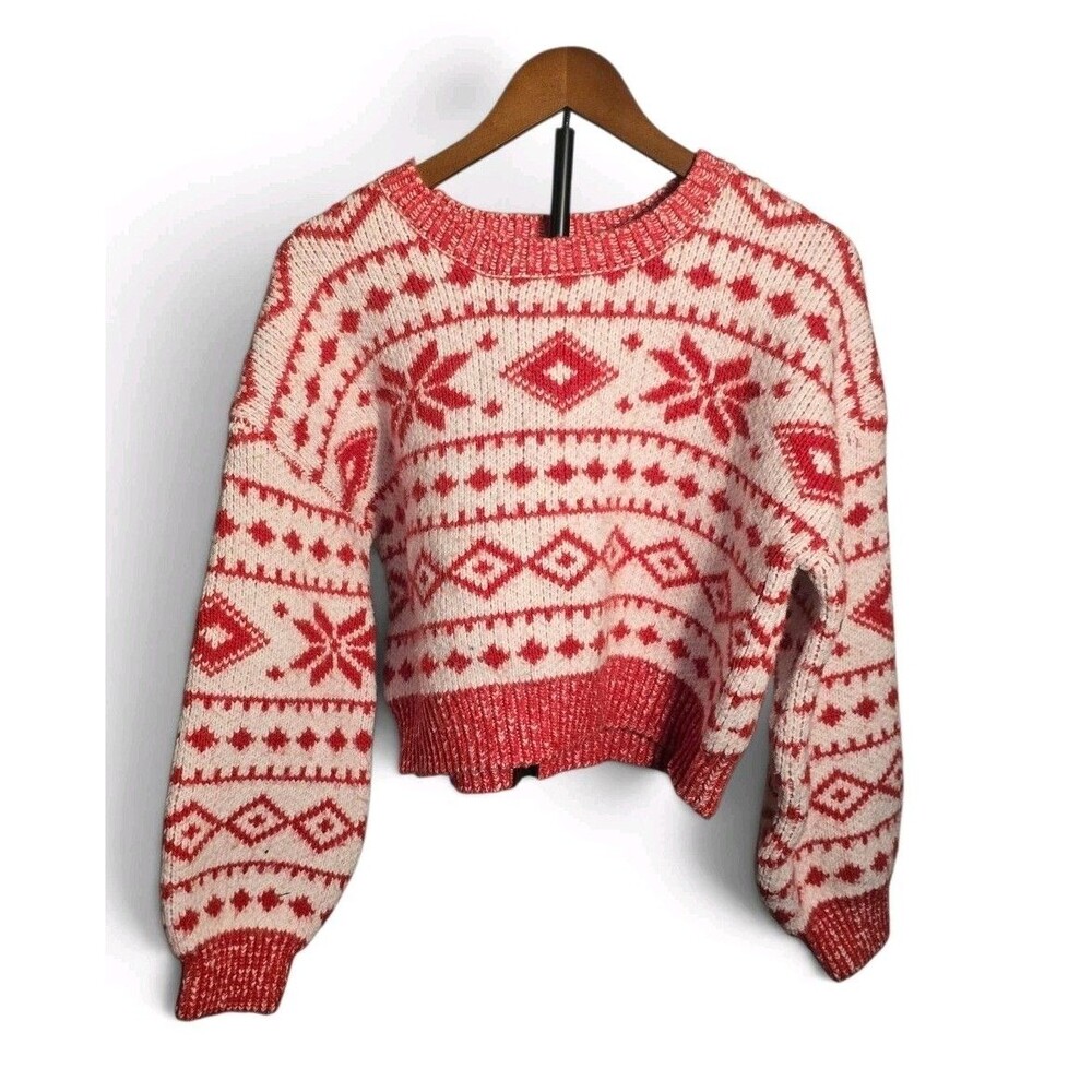 Altar'd State Festive Red & White Fair Isle Knit Sweater Cropped Holiday Small